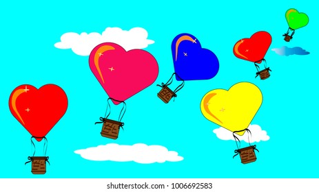 flight on balloons. balloons in the shape of heart