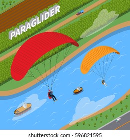 Flight on paraglider over river with boats and road with transportation in summertime isometric vector illustration 