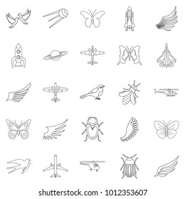 Flight on wing icons set. Outline set of 25 flight on wing vector icons for web isolated on white background