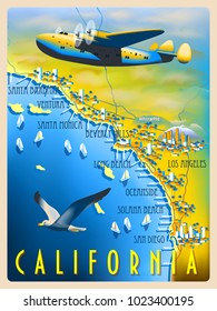 Flight over the coast of California. Retro poster. Handmade drawing vector illustration.