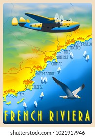 Flight over the French Riviera. Retro poster. Handmade drawing vector illustration.