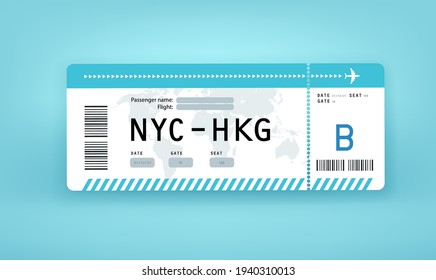 Bordkarte aus Flugpapier, Vektorgrafik nach oben. NYC bis HKG. New York City nach Hongkong