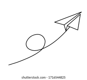 Flight Of A Paper Plane With One Continuous Line Drawing On White Background 