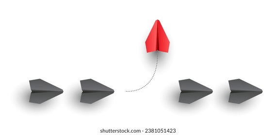 Flight of paper planes, one diverging. Illustrates individuality and uniqueness. Creative concept in vector illustration, symbolizing innovation and leadership