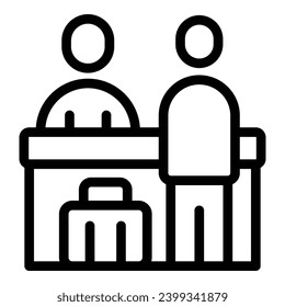 Vector de contorno del icono de verificación del pasajero del vuelo. Control del mostrador del aeropuerto. Inspección turística en viaje