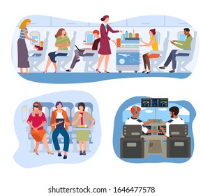 Flight passengers in plane, people traveling in aircraft, pilot cabin and stewardess in uniform, vector illustration. Flight attendant serving passengers on board of airplane. People in economy class