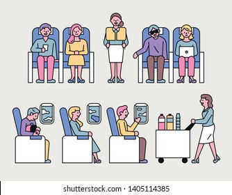 flight passengers and stewardesses providing services. flat design style minimal vector illustration