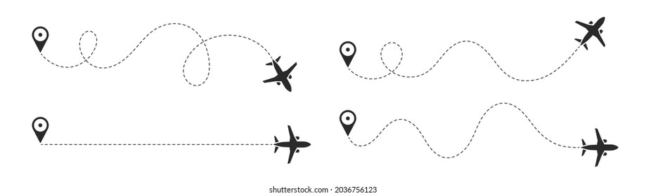 The flight path of the aircraft from the point of location along the dotted line. Flight route from a waypoint with an airplane silhouette. Vector elements.