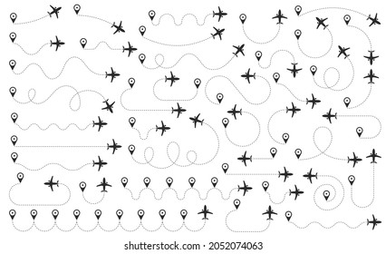 The flight path of the aircraft from the point of location along the dotted line. Flight route from a waypoint with an airplane silhouette. Vector elements.	