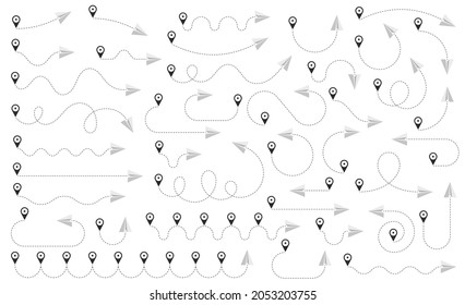 The flight path of the aircraft from the point of location along the dotted line. Flight route from a waypoint with an paper airplane silhouette. Vector elements.	
