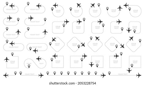 The flight path of the aircraft from the point of location along the dotted line. Flight route from a waypoint with an airplane silhouette. Vector elements.