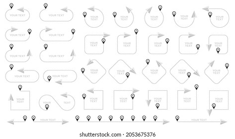 The flight path of the aircraft from the point of location along the dotted line. Flight route from a waypoint with an paper airplane. Vector elements.