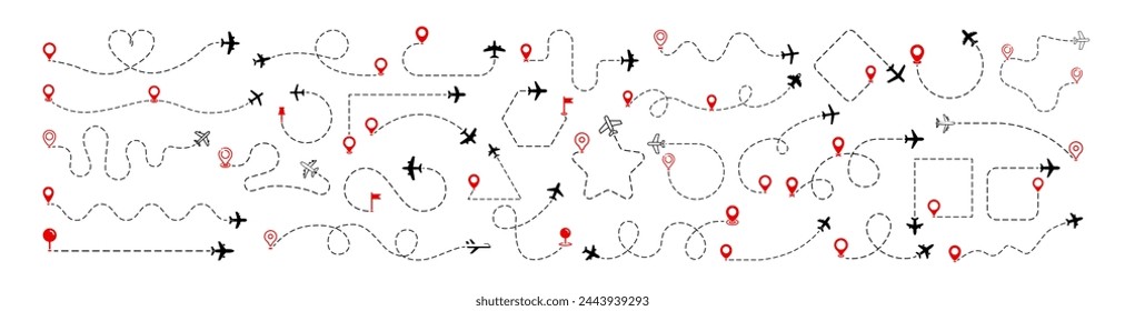 The flight path of the aircraft from the point of location along the dotted line. Airplane flight path to location mark. Plane route line. Tourism and travel illustration