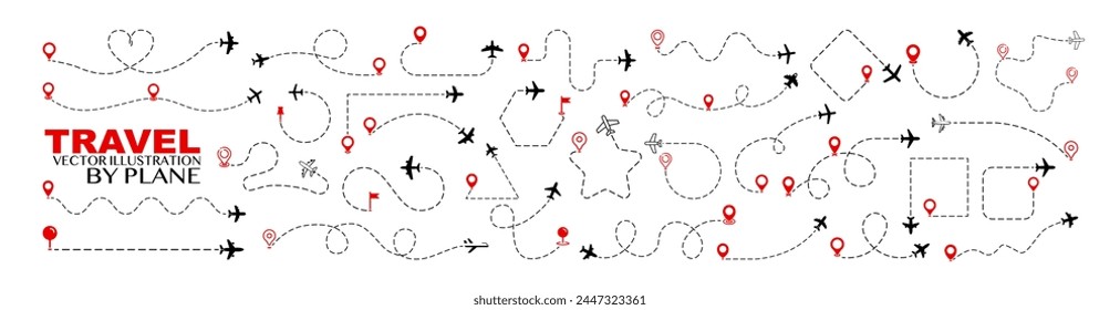 The flight path of the aircraft from the point of location along the dotted line. Airplane flight path to location mark. Plane route line. Tourism and travel illustration