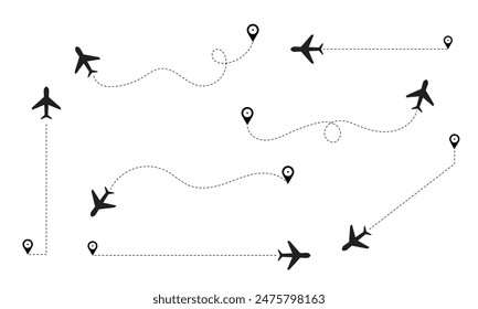 The flight path of the aircraft from the point of location along the dotted line. Flight route from a waypoint with an airplane silhouette. Vector elements.