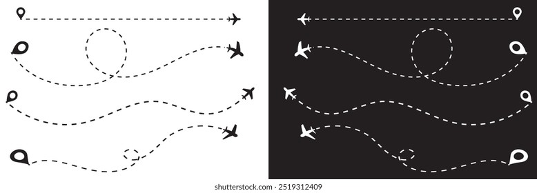 The flight path of the aircraft from the point of location along the dotted line. Flight route from a waypoint with an airplane. isolated on white and black background. Vector files EPS 10