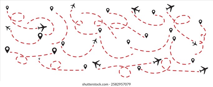The flight path of the aircraft from the point of location along the dotted line. Airplane flight path to location mark. Plane route line. Tourism and travel illustration