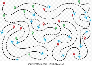 The flight path of the aircraft from the point of location along the dotted line. Airplane flight path to location mark. Plane route line. Tourism and travel illustration. Eps 10.