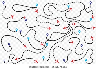 The flight path of the aircraft from the point of location along the dotted line. Airplane flight path to location mark. Plane route line. Tourism and travel illustration. Eps 10.