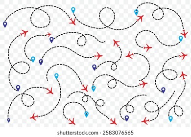 The flight path of the aircraft from the point of location along the dotted line. Airplane flight path to location mark. Plane route line. Tourism and travel illustration. Eps 10.