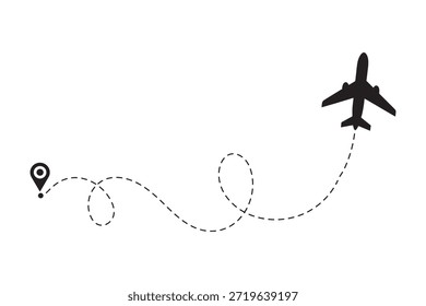 La trayectoria de vuelo de la aeronave desde el punto de ubicación a lo largo de la línea de puntos. Ruta de vuelo desde un waypoint con silueta de avión. Ilustración vectorial.