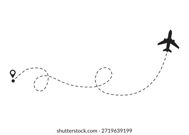 La trayectoria de vuelo de la aeronave desde el punto de ubicación a lo largo de la línea de puntos. Ruta de vuelo desde un waypoint con silueta de avión. Ilustración vectorial.