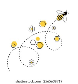 Flight path bee. Honeycombs and white chamomile flowers. Concept of conscientious work. Print for children's clothing and textile design, t-shirts. Vector illustration isolated on white background. 