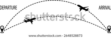 Flight path vector illustration with airplane route from departure to arrival – dotted travel line, aviation concept, ideal for maps, infographics, itineraries, and transportation design.
