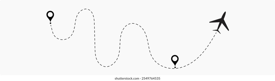 Trajetórias de voo com linha tracejada e ícones de avião, infográficos de roteiro e rotas de trajetória de viagem com marcadores de localização com conjunto de vetor.