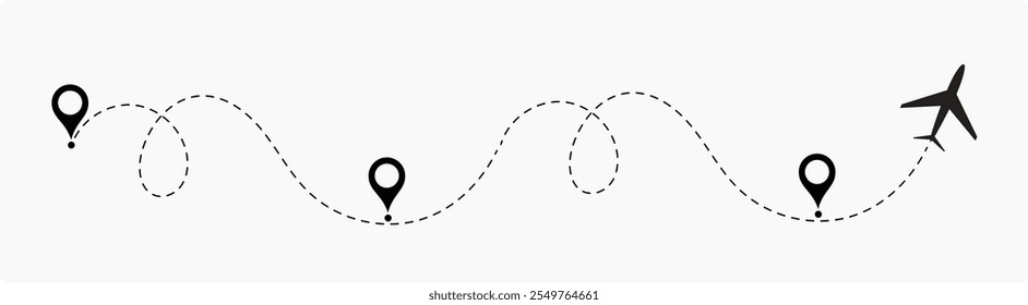 Trajetórias de voo com linha tracejada e ícones de avião, infográficos de roteiro e rotas de trajetória de viagem com marcadores de localização com conjunto de vetor.