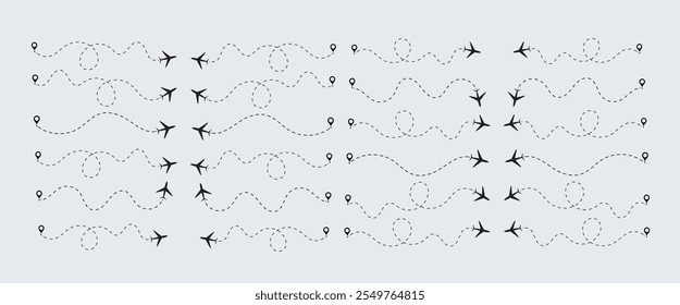 Trajetórias de voo com linha tracejada e ícones de avião, infográficos de roteiro e rotas de trajetória de viagem com marcadores de localização com conjunto de vetor.