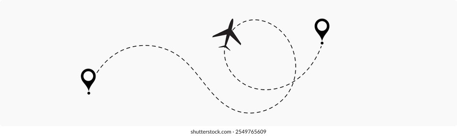 Trajetórias de voo com linha tracejada e ícones de avião, infográficos de roteiro e rotas de trajetória de viagem com marcadores de localização com conjunto de vetor.