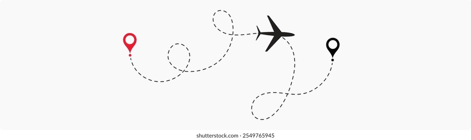 Trajetórias de voo com linha tracejada e ícones de avião, infográficos de roteiro e rotas de trajetória de viagem com marcadores de localização com conjunto de vetor.