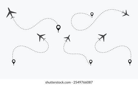 Trajetórias de voo com linha tracejada e ícones de avião, infográficos de roteiro e rotas de trajetória de viagem com marcadores de localização com conjunto de vetor.