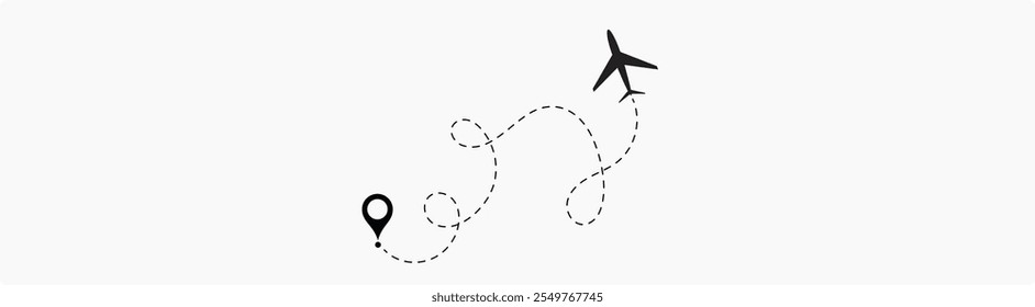 Trajetórias de voo com linha tracejada e ícones de avião, infográficos de roteiro e rotas de trajetória de viagem com marcadores de localização com conjunto de vetor.