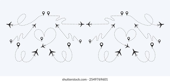 Trajetórias de voo com linha tracejada e ícones de avião, infográficos de roteiro e rotas de trajetória de viagem com marcadores de localização com conjunto de vetor.