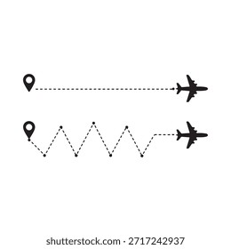 Trajetórias de voo representadas com pinos de localização e ícones de avião sobre um fundo branco