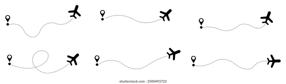 Rutas de vuelo y destinos de viaje. Ilustración vectorial aislada sobre fondo blanco.