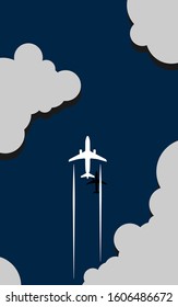 Flight of the plane against the sky and clouds. Vector illustration for travel company and airport postcards. Symbol of vacation and vacation.