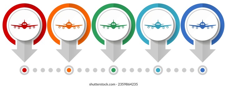 Flight, plane, aircraf vector icon set, flat design infographic template, set pointer concept icons in 5 color options for webdesign and mobile applications