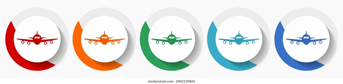 Vuelo, plano, conjunto de iconos de vector aircraf, iconos planos para el diseño de logotipos, diseño web y aplicaciones móviles, botones redondos de colores