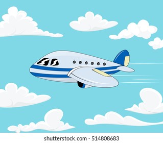 Flight of the plane in the cloudy sky. Cartoon passenger airplane travel. Color flat icons. Vector illustration
