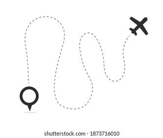 Flight of plane path route line vector, airplane map pin pointer with trace navigation direction mark, concept of jet fly location or positioning trip  