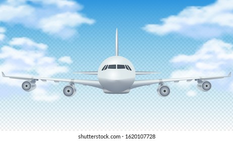 Flight plane. Realistic 3D airplane flying in blue sky. White cargo aircraft or commercial airliner and clouds vector background