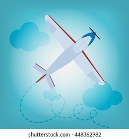 Flight of the plane in the sky. Plane climbs into the sky. Color flat icons of airplane with propeller. Vector illustration