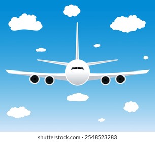 Flight of the plane in the sky. Passenger planes, airplane, aircraft, flight, clouds, sky. vector illustration in Flat design