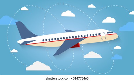 Flight of the plane in the sky. Passenger planes, airplane, aircraft, flight, clouds, sky, sunny weather. Color flat icons. Vector illustration