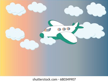 Flight of the plane in the sky. Passenger planes, airplane, aircraft, flight, clouds, sky, sunny weather. Color flat icons. Vector illustration