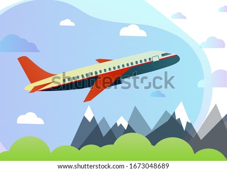 Flight of the plane in the sky. Passenger planes, airplane, aircraft, flight, clouds, sky, sunny weather. Color flat icons. Vector illustration