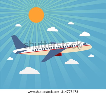 Flight of the plane in the sky. Passenger planes, airplane, aircraft, flight, clouds, sky, sunny weather. Color flat icons. Vector illustration